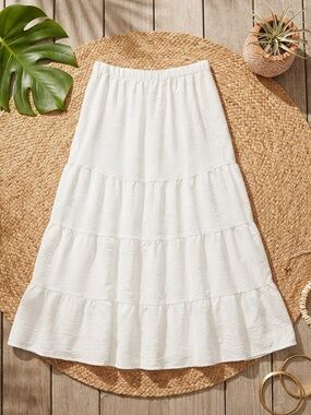 OLIVE & CO. White Tiered Boho Cottagecore Midi Skirt | High Elastic Waist